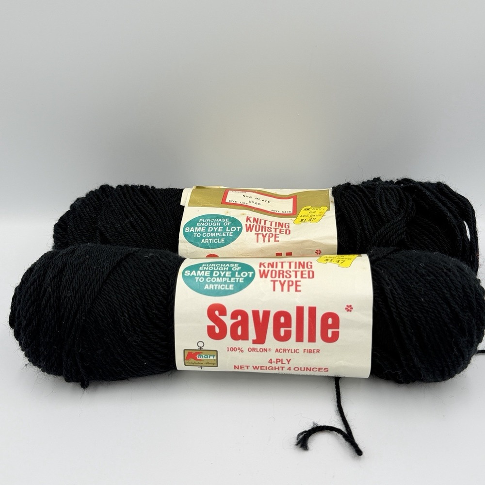 VTG Sayelle Black Yarn Lot of 2 4 Ply Orlon Acrylic Worsted Skeins